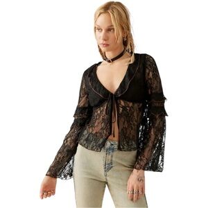 URBAN OUTFITTERS UO Janet Sheer Lace Tie-Front Blouse black bell sleeve, size XS